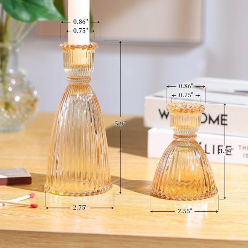 LAMORGIFT Gold Candlestick Holders Set - 4pcs 3.5" & 2pcs 6" Assorted Taper Candle Holders for Weddings | Modern Ribbed Glass Decor