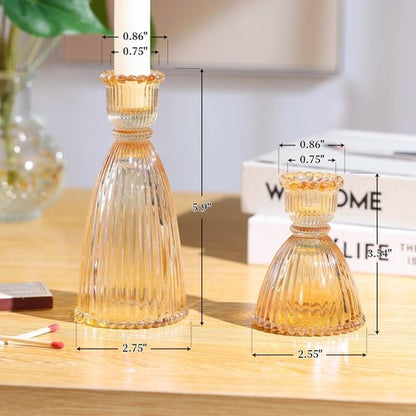 LAMORGIFT Gold Candlestick Holders Set - 4pcs 3.5" & 2pcs 6" Assorted Taper Candle Holders for Weddings | Modern Ribbed Glass Decor