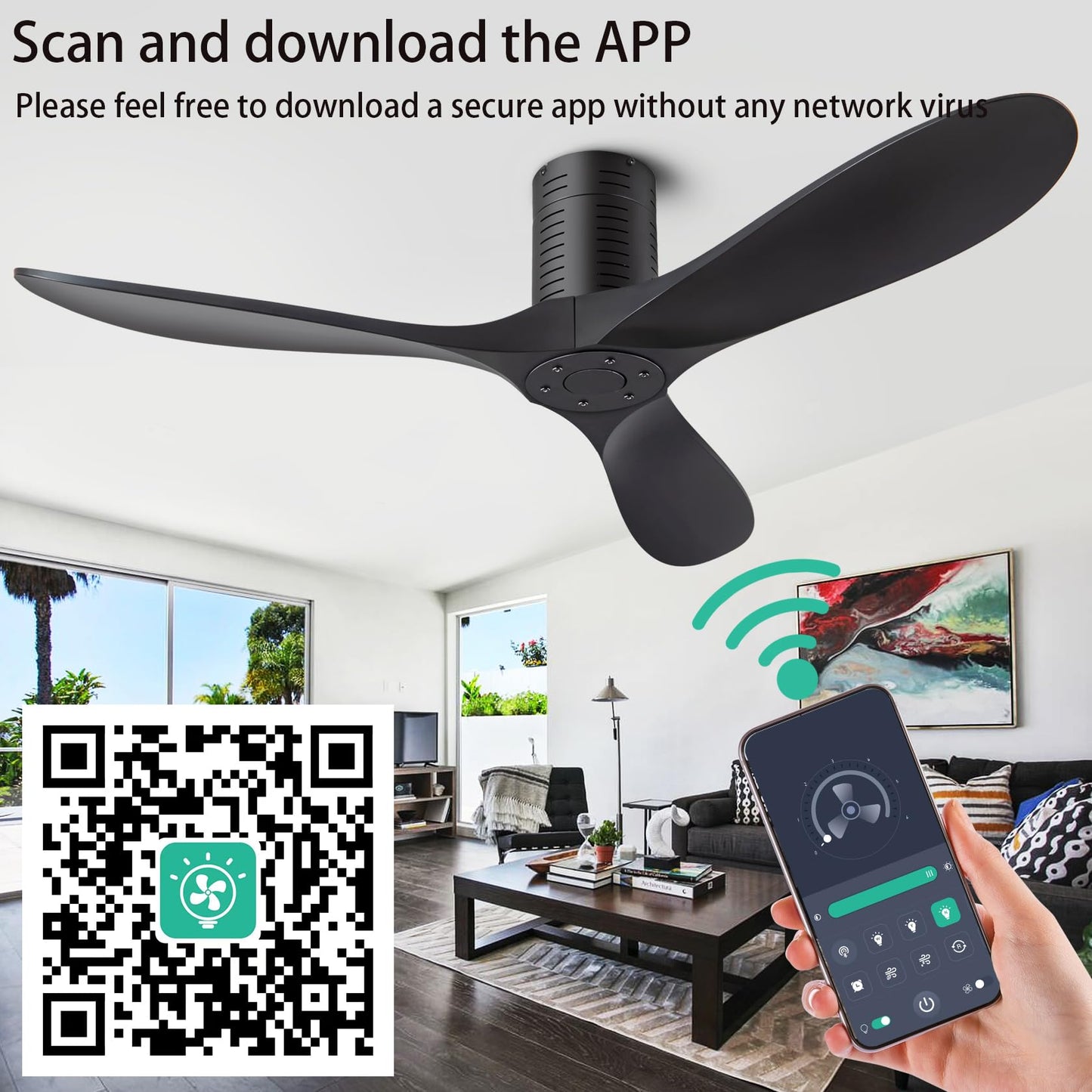 ducrew 52” Flush Mount Ceiling Fans No Lights and Remote/APP Control, 6 Speed DC Motor, Low Profile Ceiling Fan Without Light for Bedroom, Hallway,Indoor/Outdoor(Matte Black)