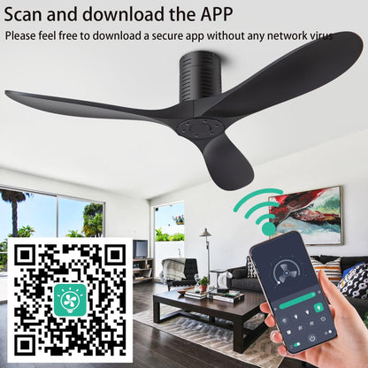 ducrew 52” Flush Mount Ceiling Fans No Lights and Remote/APP Control, 6 Speed DC Motor, Low Profile Ceiling Fan Without Light for Bedroom, Hallway,Indoor/Outdoor(Matte Black)