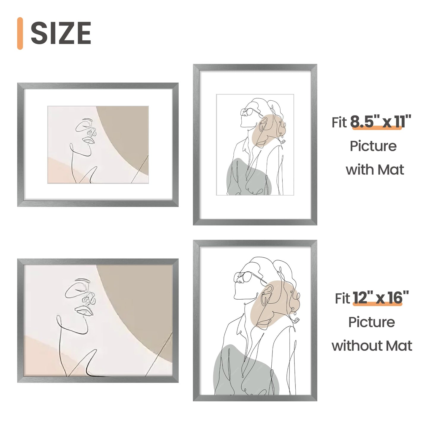 upsimples 12x16 Picture Frame, Display Pictures 8.5x11 with Mat or 12x16 Without Mat, Wall Hanging Photo Frame, Metallic Gray, 1 Pack