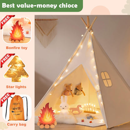 Tiny Land Teepee Tent - Foldable Kids Play Tent with Star Lights | Washable Indoor Decor for Girls & Boys