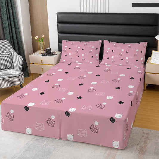 Girls Bed Skirt King Size, Cat Bedskirt for Kids Adults Cute Pet Cat Dust Ruffle 15 Inch Drop, Cartoon Animal Wrap Around Luxury Pink Black White Cats Bed Skirts with Split Corners for Bedroom Decor