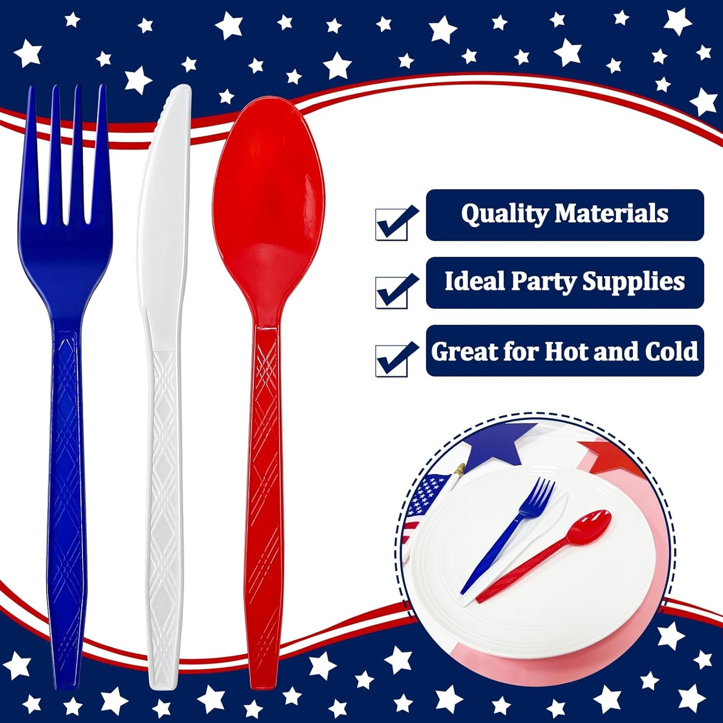 Patriotic American Flag Party Supplies - 450 Pcs Disposable Cutlery Set | 150 Spoons, 150 Forks, 150 Knives in Red, White & Blue