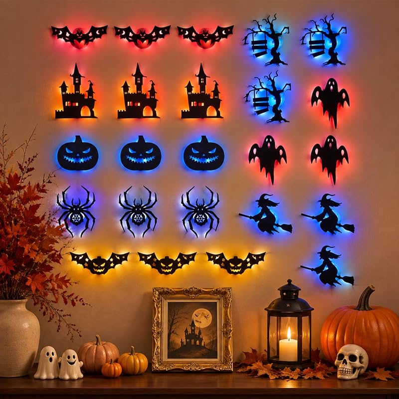 Halloween LED Wall Decor Lights 3D Bat Silhouettes – 24 Pcs Halloween Silhouette Set