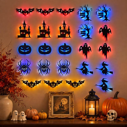 Halloween LED Wall Decor Lights 3D Bat Silhouettes – 24 Pcs Halloween Silhouette Set