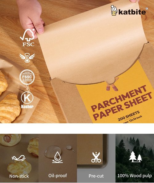 Katbite Unbleached Parchment Paper - 200 Precut Sheets, 12x16 In, Heavy Duty for Baking & Cooking