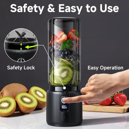COKUNST Portable Blender - Compact 17oz Smoothie Maker with 8 Blades & LED Display | USB-C Rechargeable, Black
