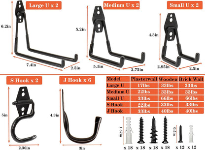 TocTen Heavy-Duty Garage Hooks - 14 Pack Solid Steel Wall Mount Storage Kit | Anti-Slip Coating, Black