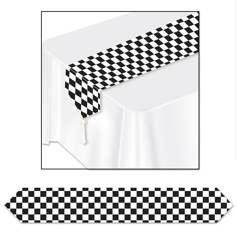 Checkered Table Runner 11" x 6 Ft - Black & White Party Decor for Racing Theme