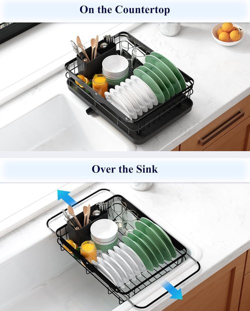Kitsure Dish Drying Rack - Stainless Steel Kitchen Organizer with Cutlery Holder | 12.2''W x 15.7''~23''L, Black