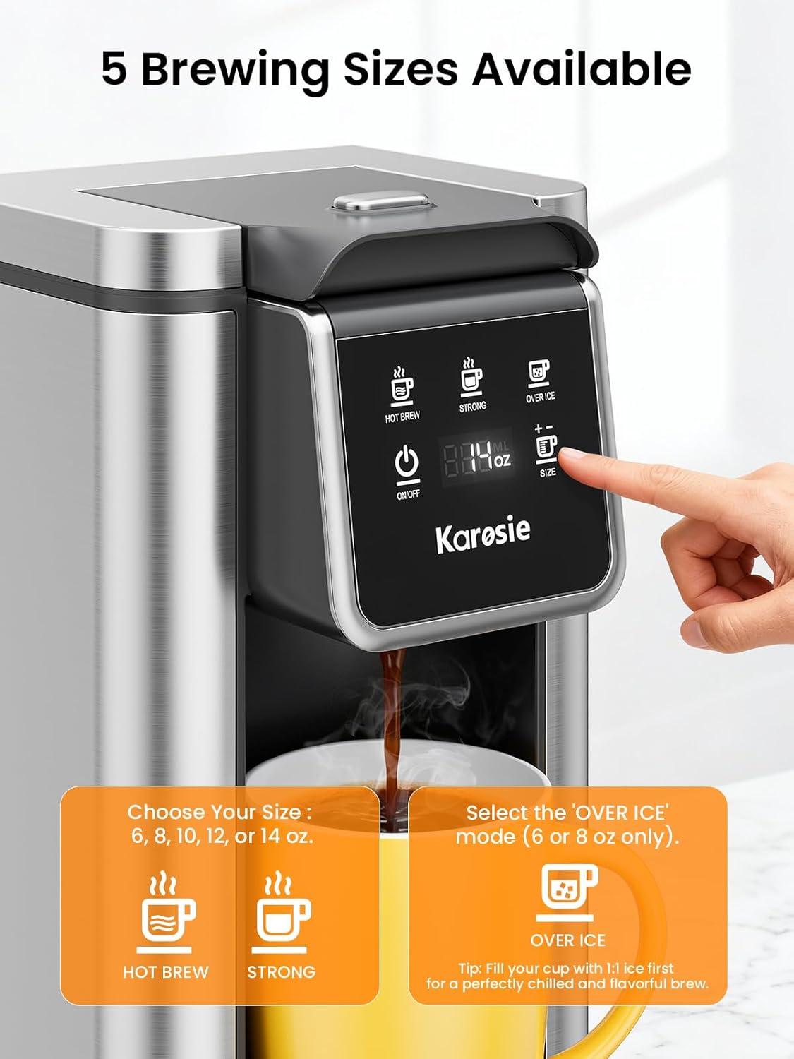 Skiennix K Cup Coffee Maker - Hot & Iced Brewing, 6-14 Oz Sizes, 50 Oz Removable Tank, Stainless Steel, Black