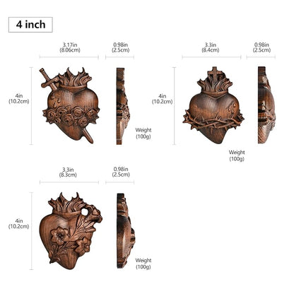 Wooden Three Sacred Hearts Wall Decor - Holy Family Beech Wood 4 Inch, Handmade