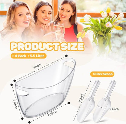 4 Pcs Ice Bucket for Parties Clear Bar Supplies 5.5 Liter Acrylic Champagne Bucket with 4 Ice Scoop Wine Tub for Champagne Beer Beverage Sparkling Cocktails