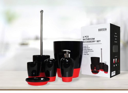 HOUSIO Eco-Friendly Bathroom Accessories Set,6Pcs Gift Set Toothbrush Holder,Tumbler,Lotion Dispenser,Soap Dish,Toilet Brush,Trash Bin Set (Black/Red)