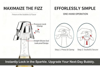 2 Pcs Champagne Stoppers – Premium Stainless Steel Clamping Sparkling Wine Saver – Leak-Proof, Airtight Sealer Keeps Fizz for Days – Fits Prosecco,Cava,Crémant & Sparkling Cider