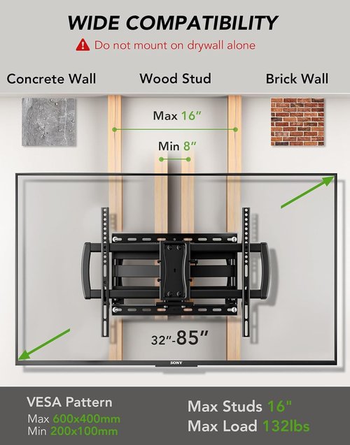 Full Motion TV Wall Mount Bracket - Fits 32-85 Inch TVs | Dual Articulating Arms, Tilt & Swivel, Max VESA 600x400mm