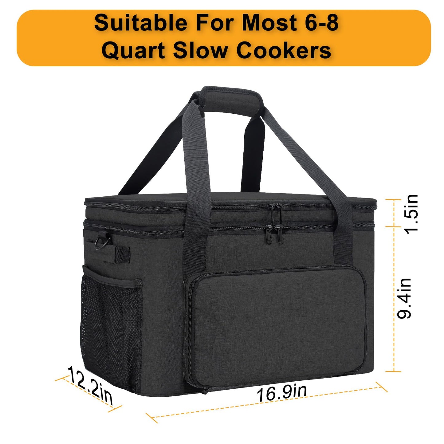 Wigojoy Slow Cooker Carrying Bag, Double Layer Insulated Design Slow Cooker Carrier with Removable Hard Liner and Pot Lid Fastener for 6-8 Quart Crock Pot, Black