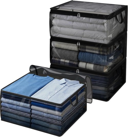 Fixwal Blanket Storage Bags - 80L Large Foldable Closet Organizers with Reinforced Handles | Black, PVC, 4 Pack