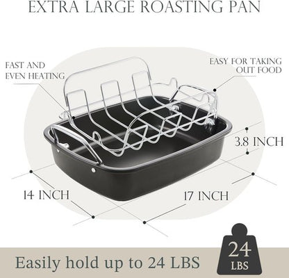 KITESSENSU Nonstick Turkey Roasting Pan - Heavy Duty 17 x 14 Inch Chicken Roaster with Rack - Ideal for 24lb Turkey, Gray