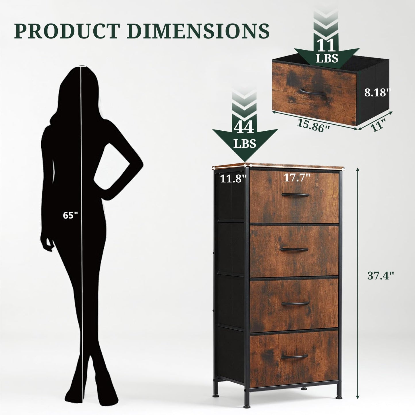 Nightstand, 4 Drawer Dresser End Table Bedside Furniture with Wooden Top Steel Frame Fabric Bins for Bedroom, Closet, Entryway, Dorm, Living Room, Brown
