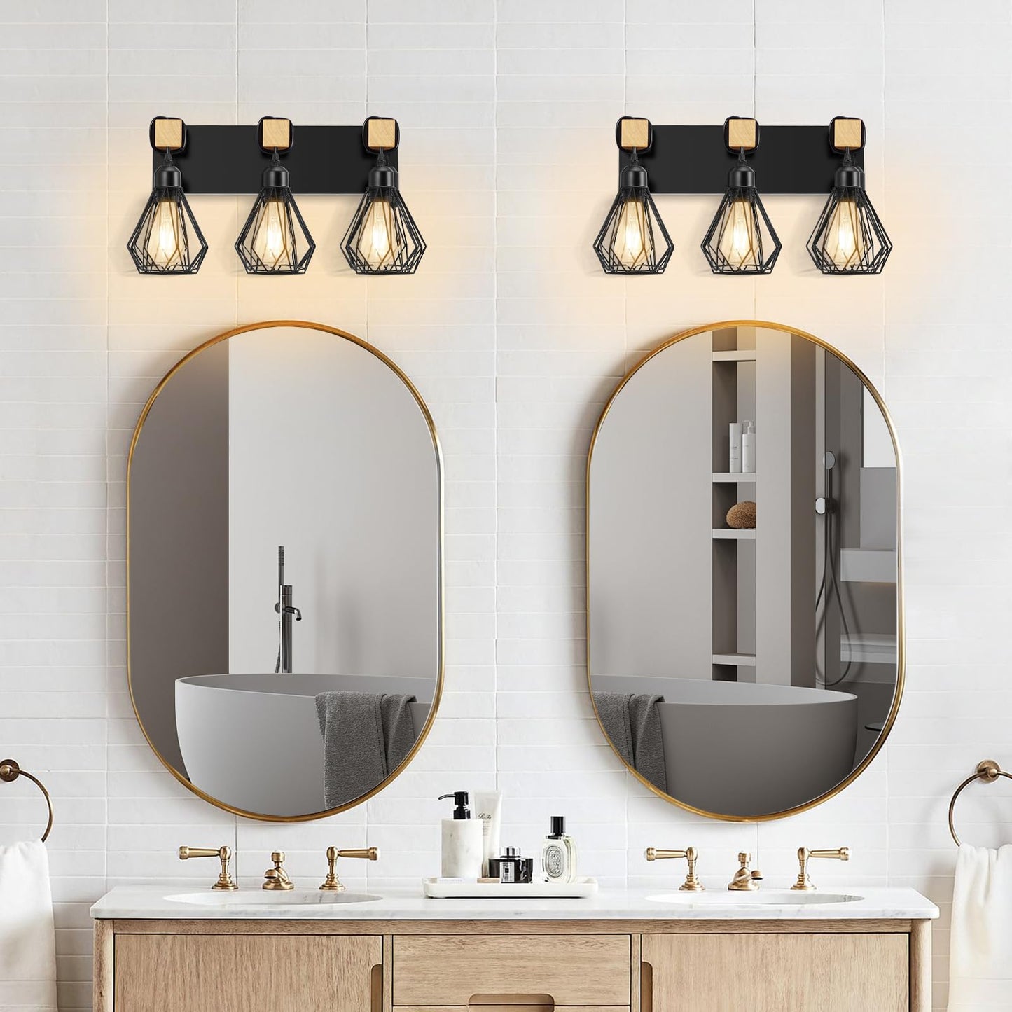 3-Light Farmhouse Bathroom Vanity Light Fixtures, Metal & Wood Bathroom Lighting Fixtures Over Mirror, Rustic Wall Sconces with Elegant Bud Lampshade for Living Bedroom Hallway (Bulbs Excluded)