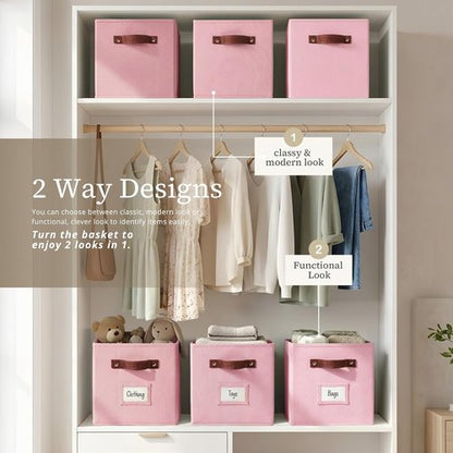 DECOMOMO Storage Bins - Fabric Cube Storage Bins with Labels | 10.5" x 11" | Set of 6, Pink