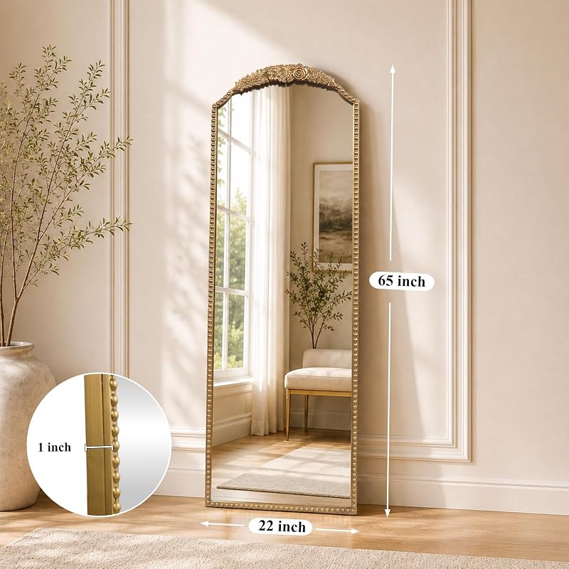 Arched Full-Length Mirror 22x65 in Vintage Gold Beaded Frame - Freestanding or Leaning