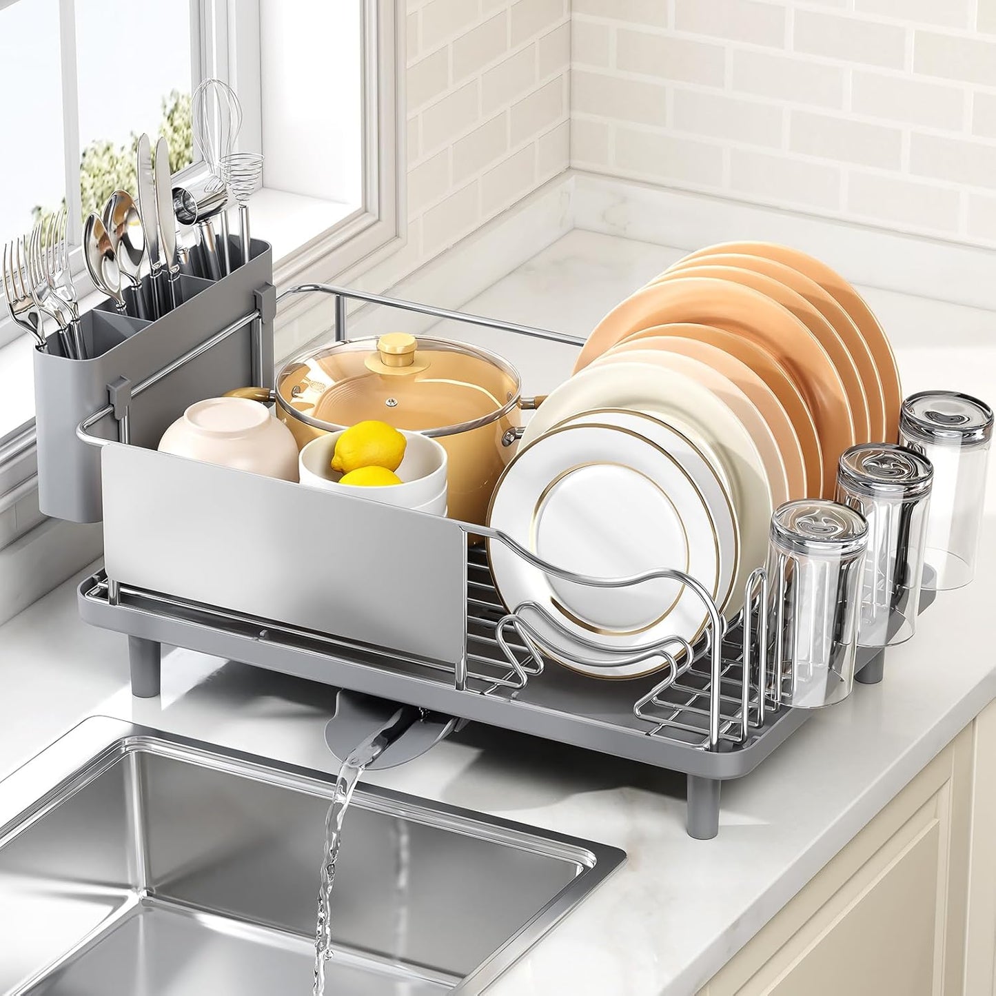 Skiennix Dish Drying Rack - Large Capacity Stainless Steel Kitchen Organizer with Auto Drain Spout | Gray