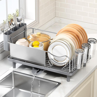 Skiennix Dish Drying Rack - Large Capacity Stainless Steel Kitchen Organizer with Auto Drain Spout | Gray