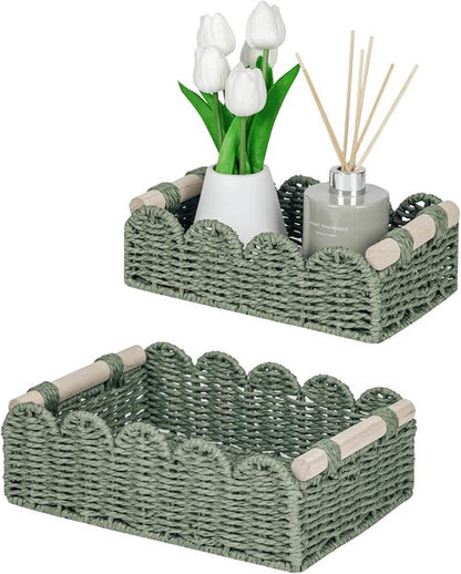 CubesLand Scalloped Edge Decor Baskets - Stylish Storage for Home | Set of 2 Green Paper Rope Baskets