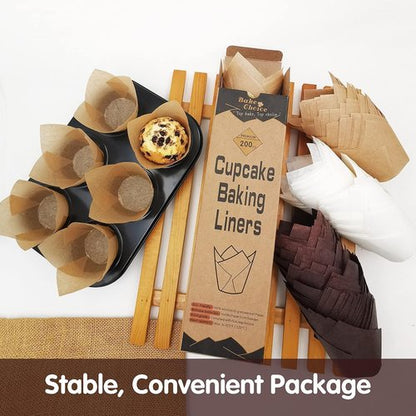 Bake Choice Tulip Cupcake Liners - 200 Pcs Unbleached Natural Baking Cups in Brown & White