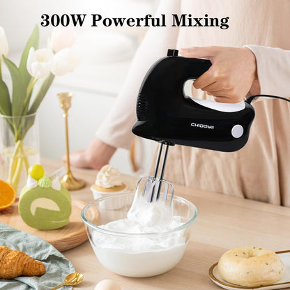 CHIDOYII 5-Speed Hand Mixer Electric Handheld，300 W Electric Whisk with 4 Stainless Steel Accessories，Electric Hand Mixer for Baking Cakes, Eggs, Cream （Black）