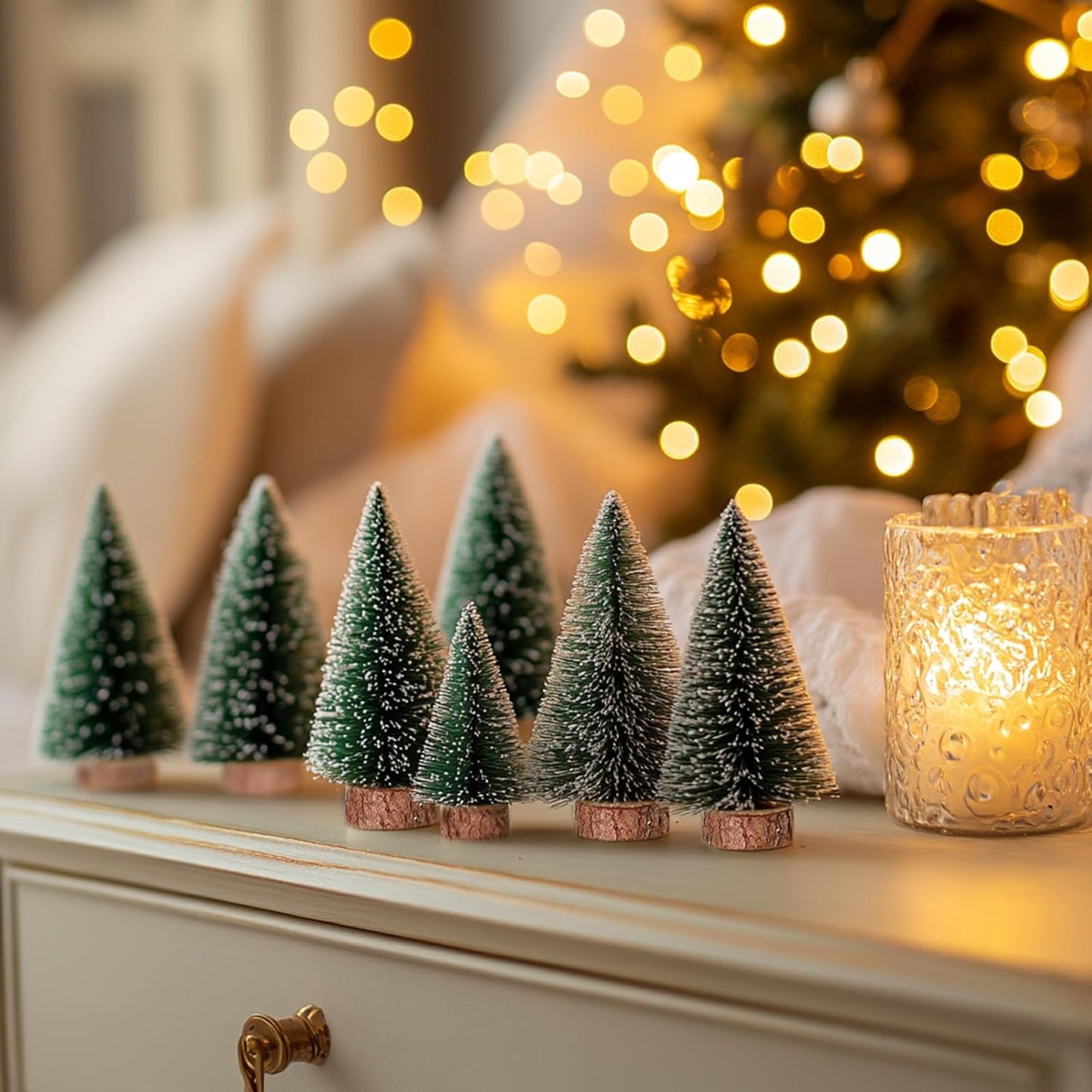 Skiennix 10-Pack Mini Christmas Bottle Brush Trees - 4-Inch Snowy Ornaments with Wooden Base for Festive Decor