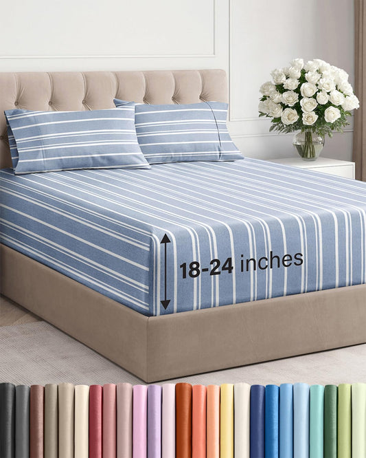 Skiennix Extra Deep Twin XL Sheet Set - 4 Piece Breathable Cooling Bedding - Soft Wrinkle-Free Blue Stripes