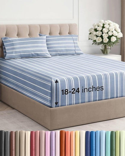 Extra Deep Twin XL Sheet Set - 4 Piece Breathable and Cooling Sheets - Hotel Luxury Bedding for Women, Men, Kids & Teens - Easy Secure Fit - Soft & Wrinkle Free with Extra Deep Pockets - Blue Stripes