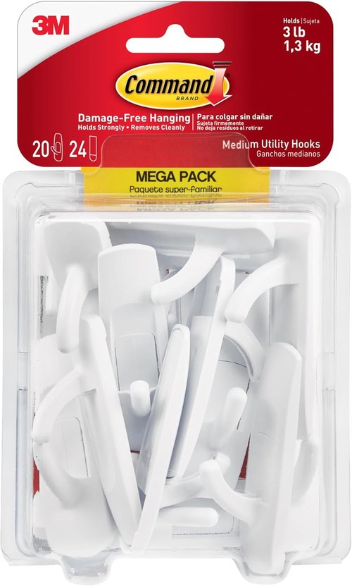 Command Medium Utility Hooks - Damage-Free Hanging Solution | 20 Hooks & 24 Adhesive Strips, Holds Up to 3 lb