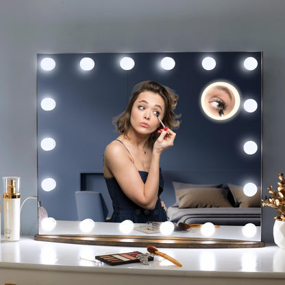 LUXFURNI Vanity Mirror with Makeup Lights, Large Hollywood Light up Mirrors w/ 18 LED Bulbs Tabletop & Wall Mounted (26Lx21W, Rustic Brown)