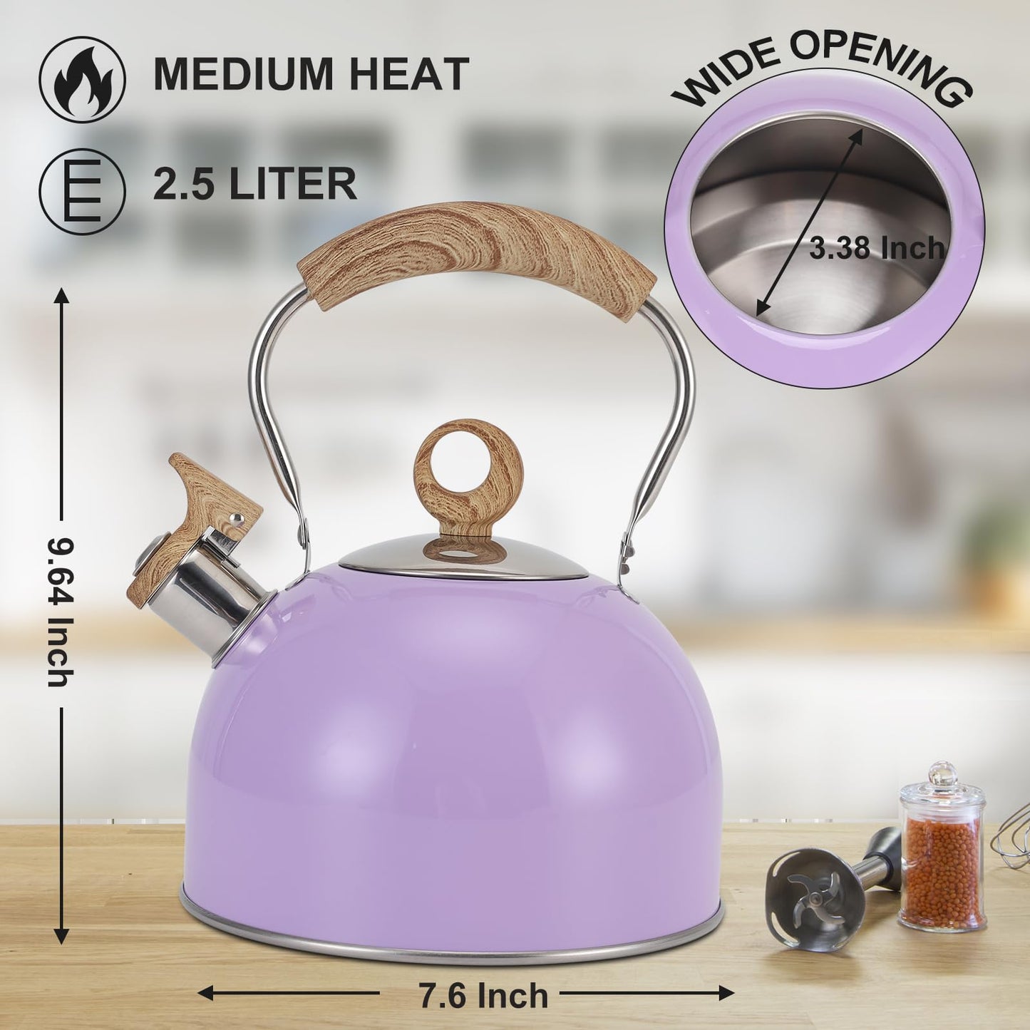 Tea Kettle, Vegoran 85 OZ / 2.5 Liter Whistling Tea Kettle, Tea Pots for Stove Top Food Grade Stainless Steel with Wood Pattern Folding Handle, Loud Whistle Kettle for Tea, Coffee, Milk (Purple)