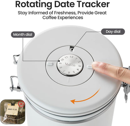 Veken Coffee Canister - 39oz Airtight Stainless Steel Storage Container with Date Tracker & Scoop | White