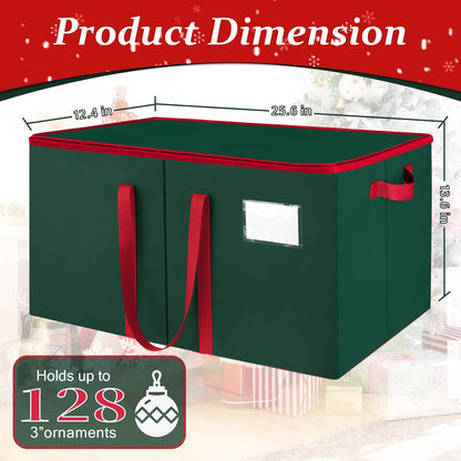 SeasonBliss Christmas Ornament Storage Box - Holds 128 Ornaments | Large, Sturdy Organizer with Zipper & Handles, Green