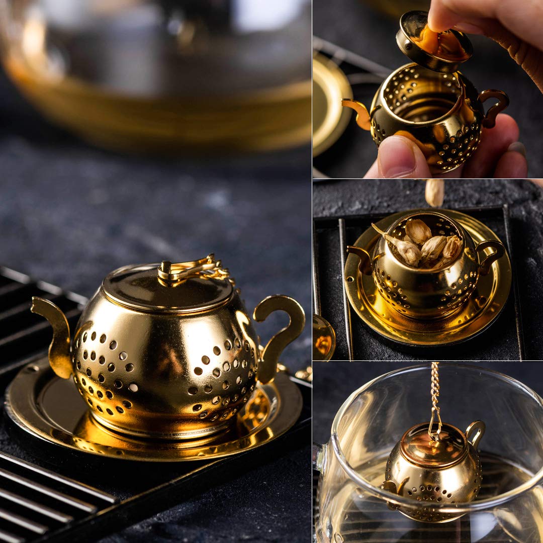 MEICHU Loose Leaf Tea Infuser Ball Set of 4 Stainless Steel Tea Strainer with Chain and Drip Trays, Tea Filter for Mug and Cup (Gold)