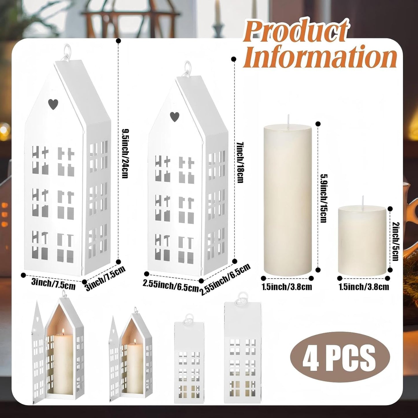 SiliFine White Farmhouse Village Set - 2 Rustic Houses with Candles for Home Decor | Wedding & Valentine's Day