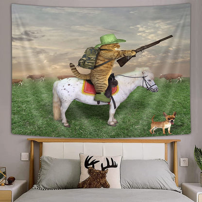 Funny Animals Tapestry, Cat Cowboy with Rifle Rides A Horse on Green Grass Ranch with Cow Dog Wall Tapestry, Tapestry Wall Hanging for Bedroom Living Room Dorm TV Background, 90X70IN