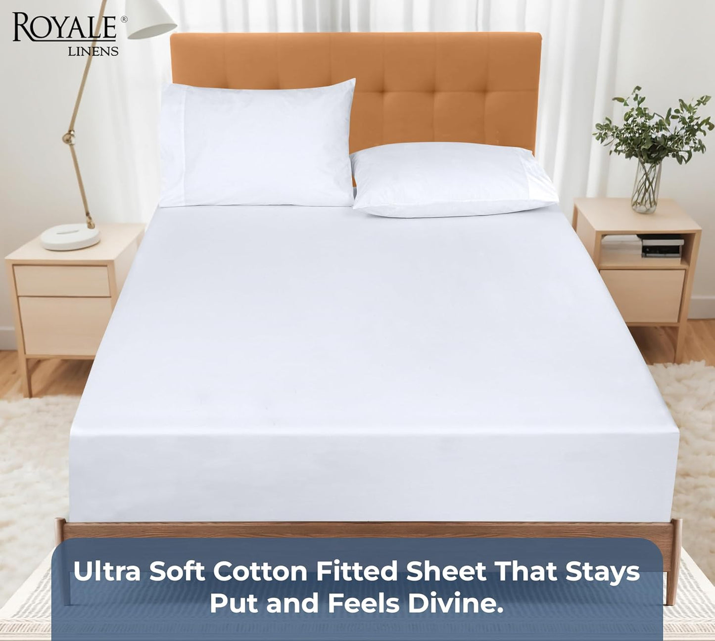 Royale Linens Organic Cotton Fitted Sheet - Super Soft Percale Weave - Queen Size (60"x80"+15") - White