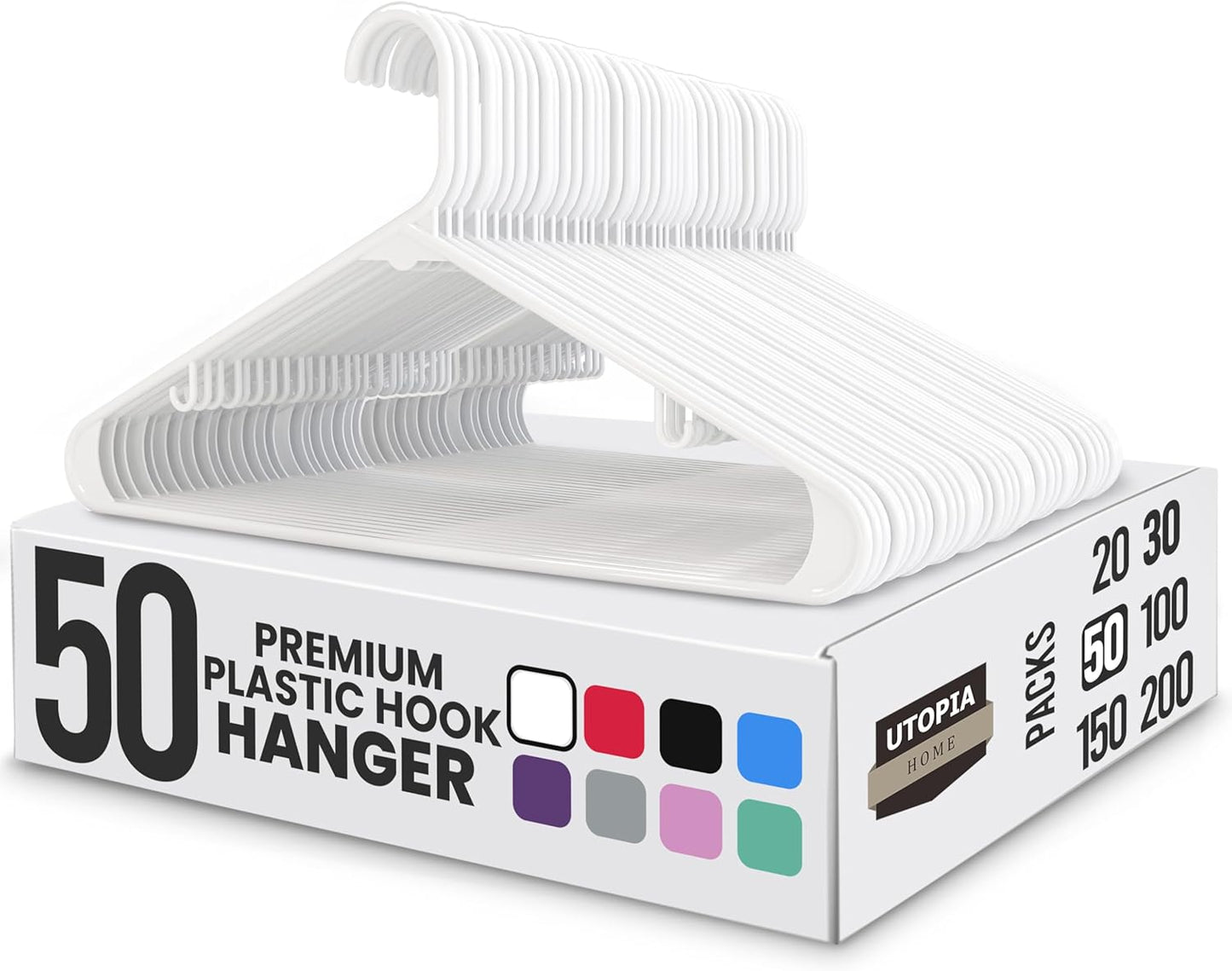 Utopia Home Plastic Hangers 50 Pack - Durable Space-Saving Closet Organizers - Essential for Shirts, Pants & Coats (White)