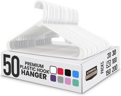 Utopia Home Plastic Hangers 50 Pack - Durable Space-Saving Closet Organizers - Essential for Shirts, Pants & Coats (White)