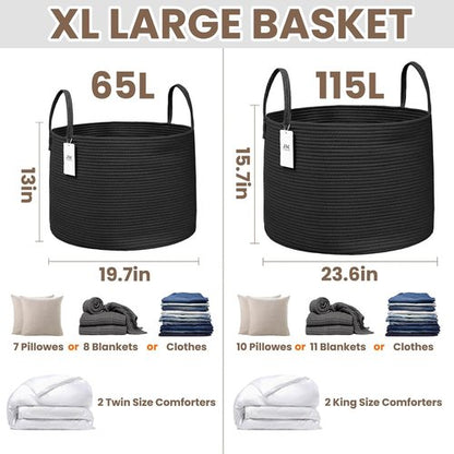 JMvicyroam Extra Large Blanket Basket - Woven Cotton Rope Laundry Hamper with Reinforced Handles | Machine Washable, Black