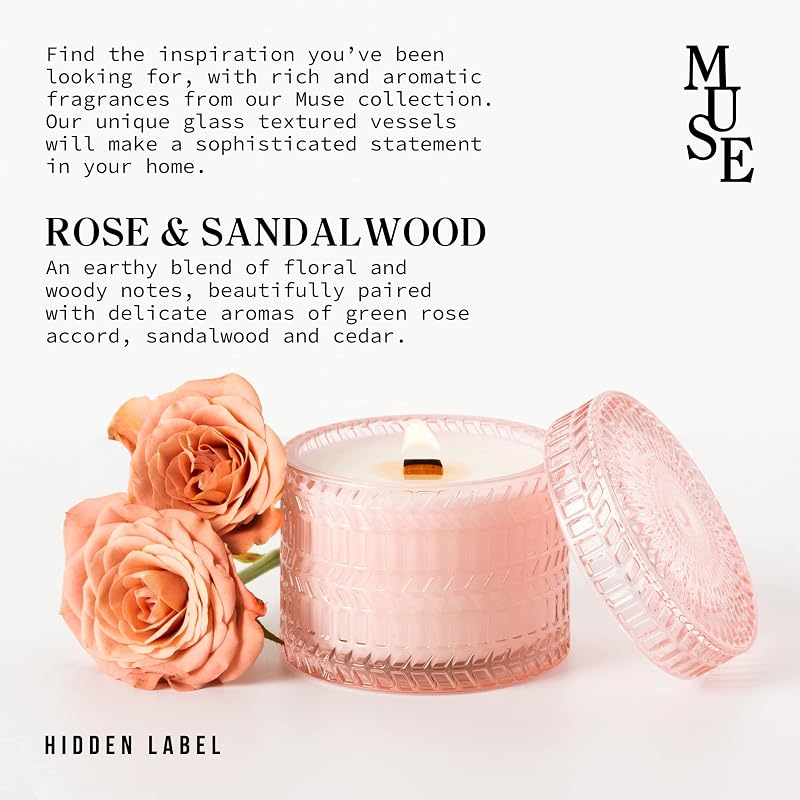 Hidden Label Rose & Sandalwood Scented Soy Candle – Ceramic Jar, Wood Wick, 14.8oz