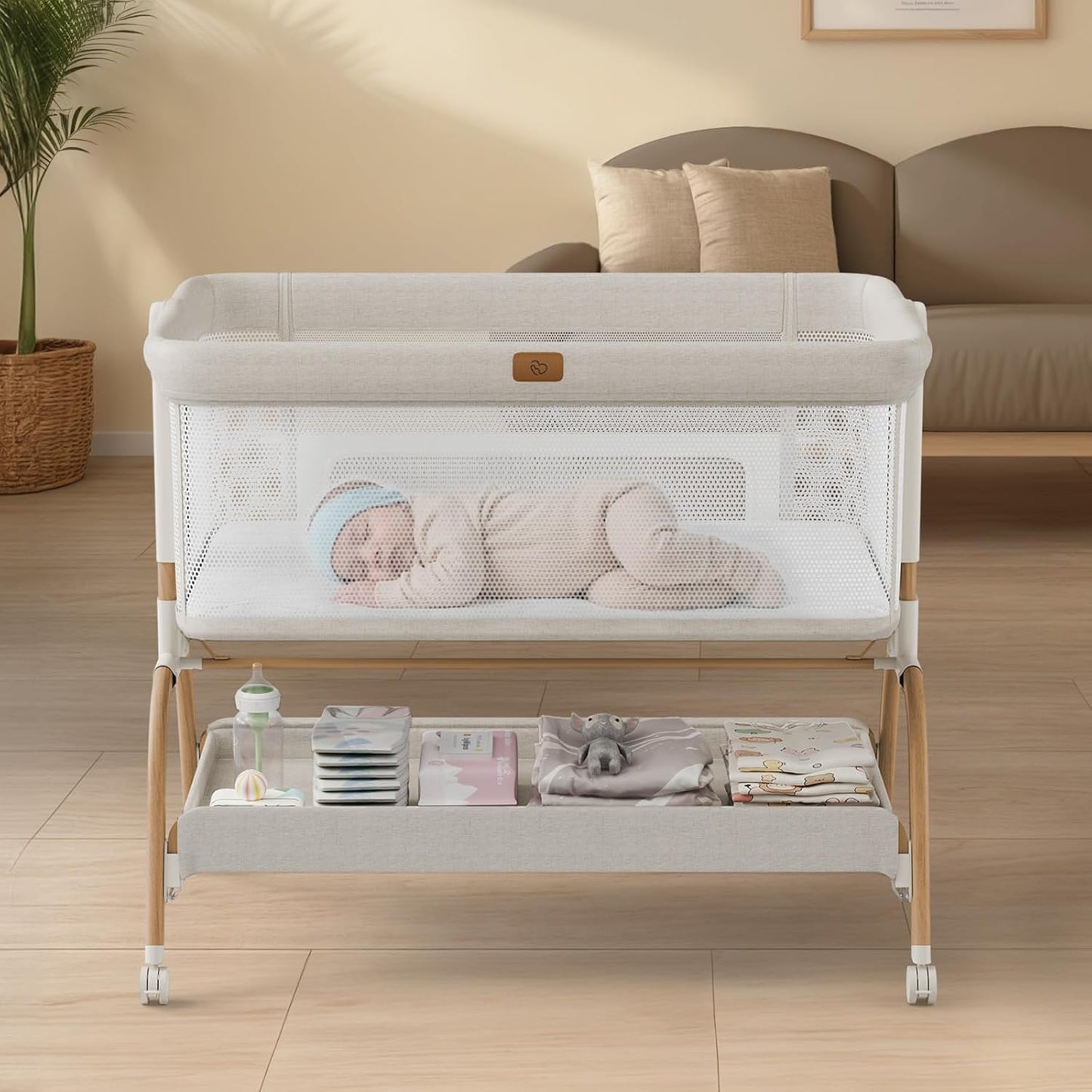 Skiennix Baby Bassinet - 3-in-1 Bedside Sleeper with Mattress & Full-Mesh Sides | 6-Height Adjustable